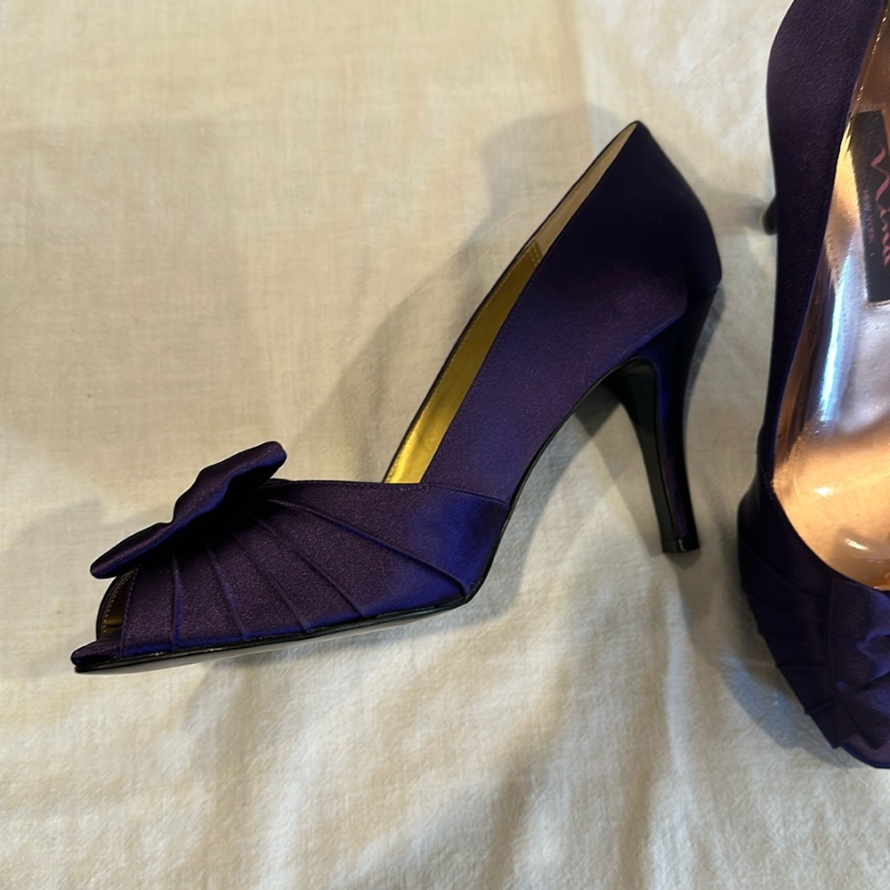Nina Purple Satin Peep-Toe Heels with Pleated Bow